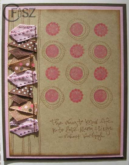 This piece uses an assortment of ribbons, along with stamps from Stampin' Up, Hero Arts & Printworks.